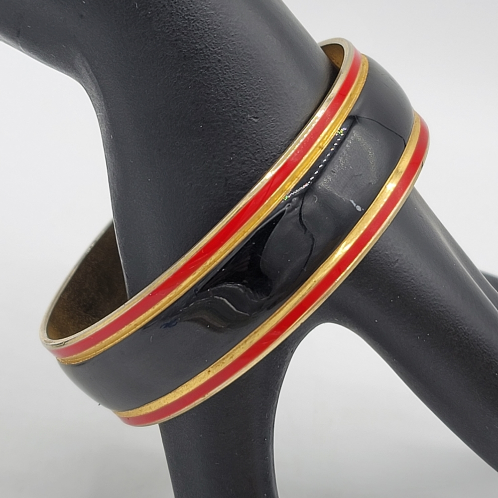 Gold tone Black and Red Striped Wide Bangle Bracelet Vintage